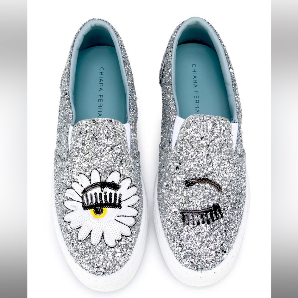 Chiara Ferragni Ladies Silver Glitter Eyelash Sneakers